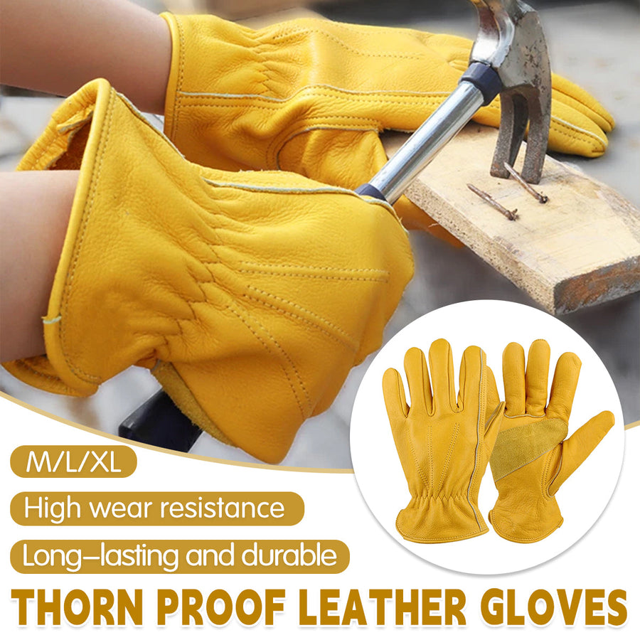 Golden Yellow Cowhide Full Finger Work Gloves - Durable Gardening Gloves - L - SuperSaverAU - view 1