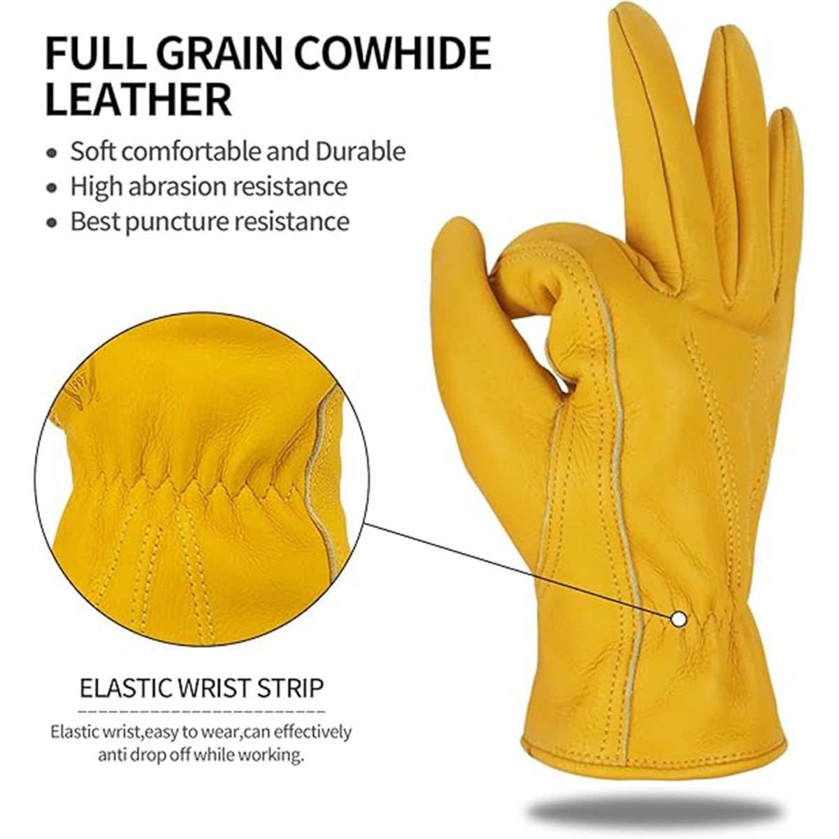 Golden Yellow Cowhide Leather Gardening Work Gloves - Full Finger, Size M - SuperSaverAU - view 5