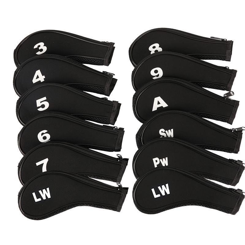 Premium 12Pcs Neoprene Golf Club Head Covers with Long-Neck Zippers - Black