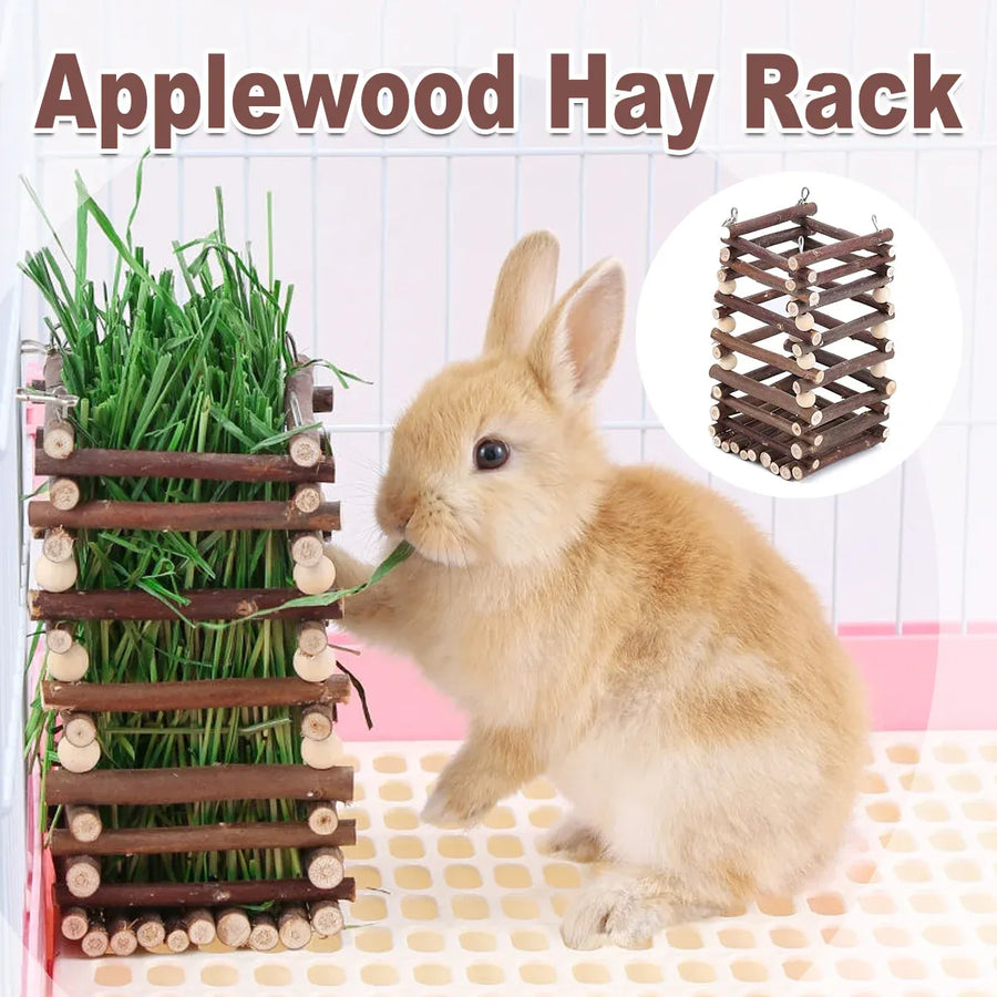 Premium Rabbit Hay Feeder Rack with Apple Wood Chew Frame