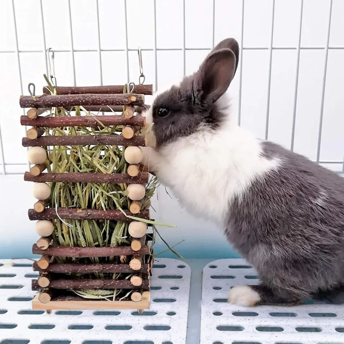 Premium Rabbit Hay Feeder Rack with Apple Wood Chew Frame