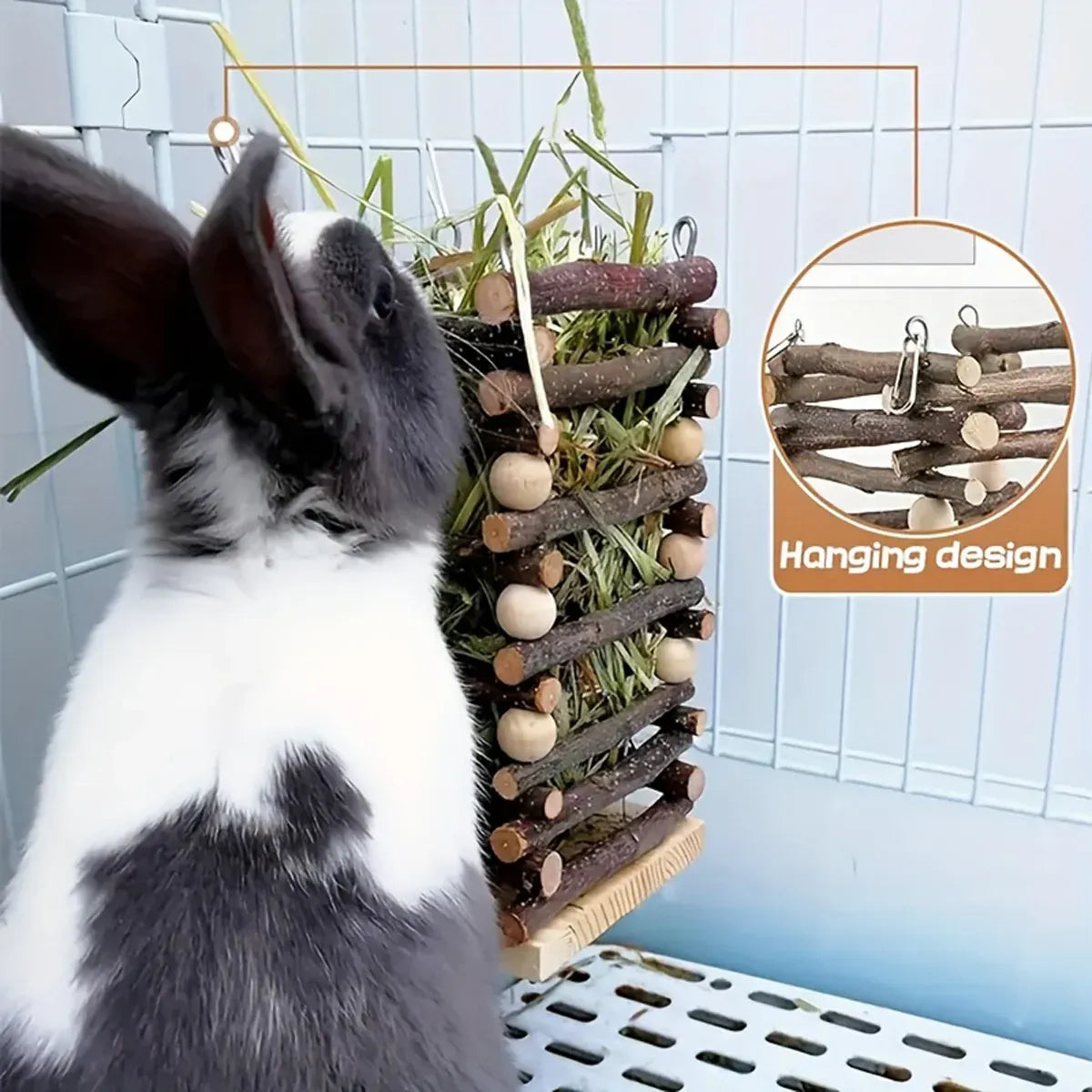 Premium Rabbit Hay Feeder Rack with Apple Wood Chew Frame