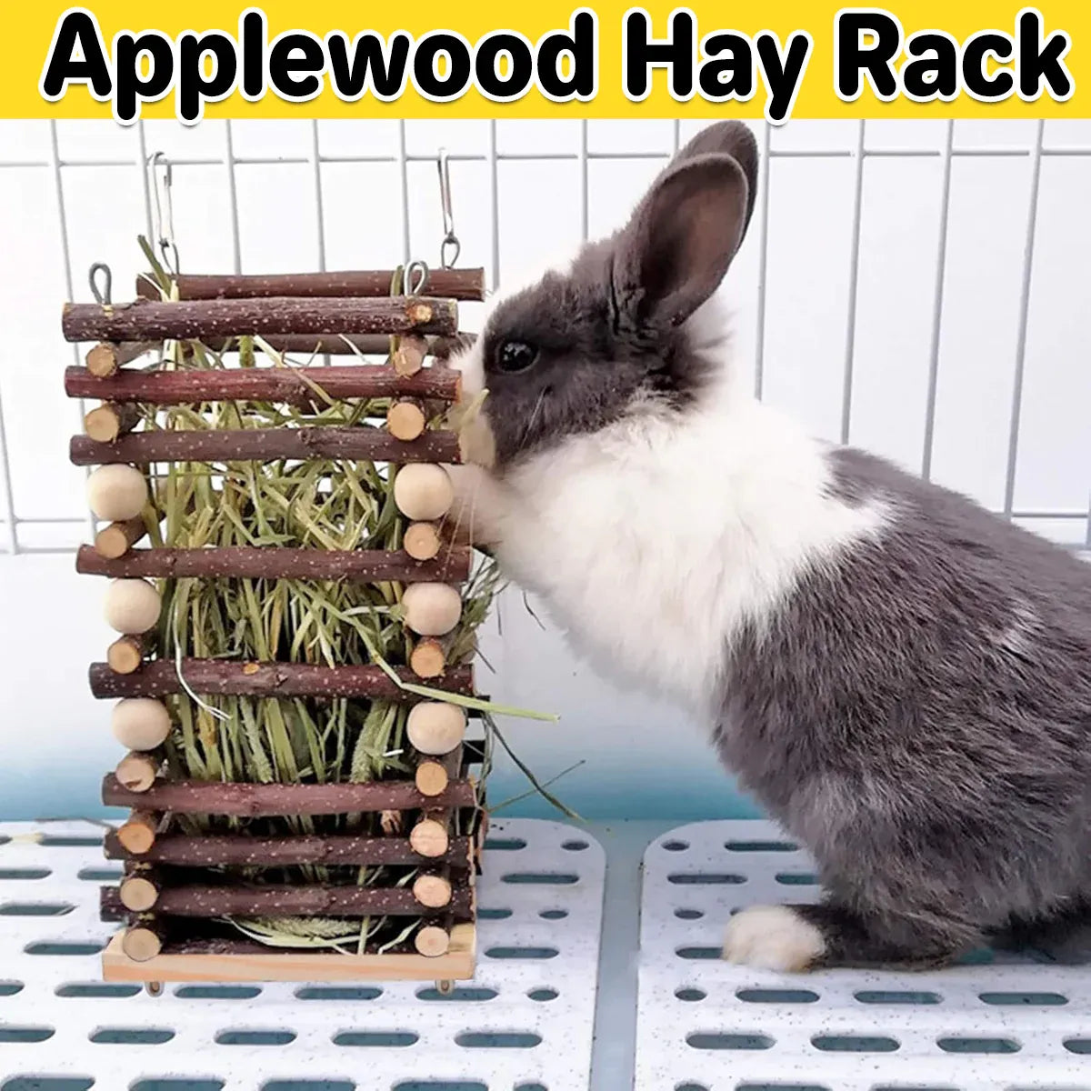 Premium Rabbit Hay Feeder Rack with Apple Wood Chew Frame