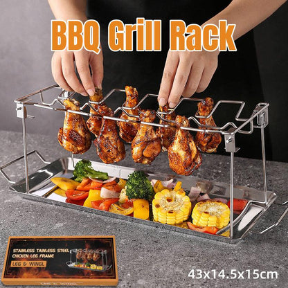 Foldable Stainless Steel Chicken Leg Rack, 14 Slots, Heat-Safe Handles, 16.9x5.7x5.9 inches