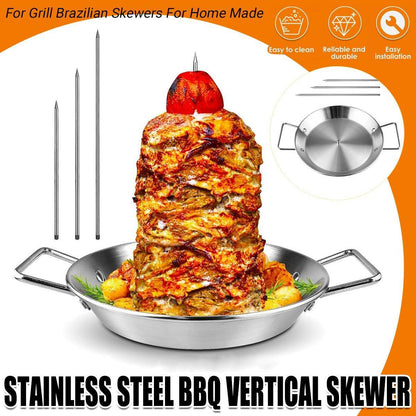 Stainless Steel BBQ Rotisserie Pan Kit with 3 Removable Iron Skewers, 10 Inch
