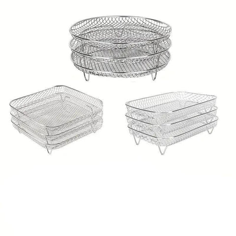 3-Piece Air Fryer Grill Rack Set - Multi Layer Stainless Steel Round - SuperSaverAU - view 2