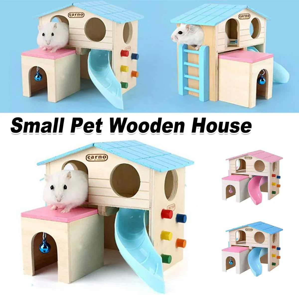 Premium Wooden Hamster Villa with Slide & Climbing Ladder - Blue