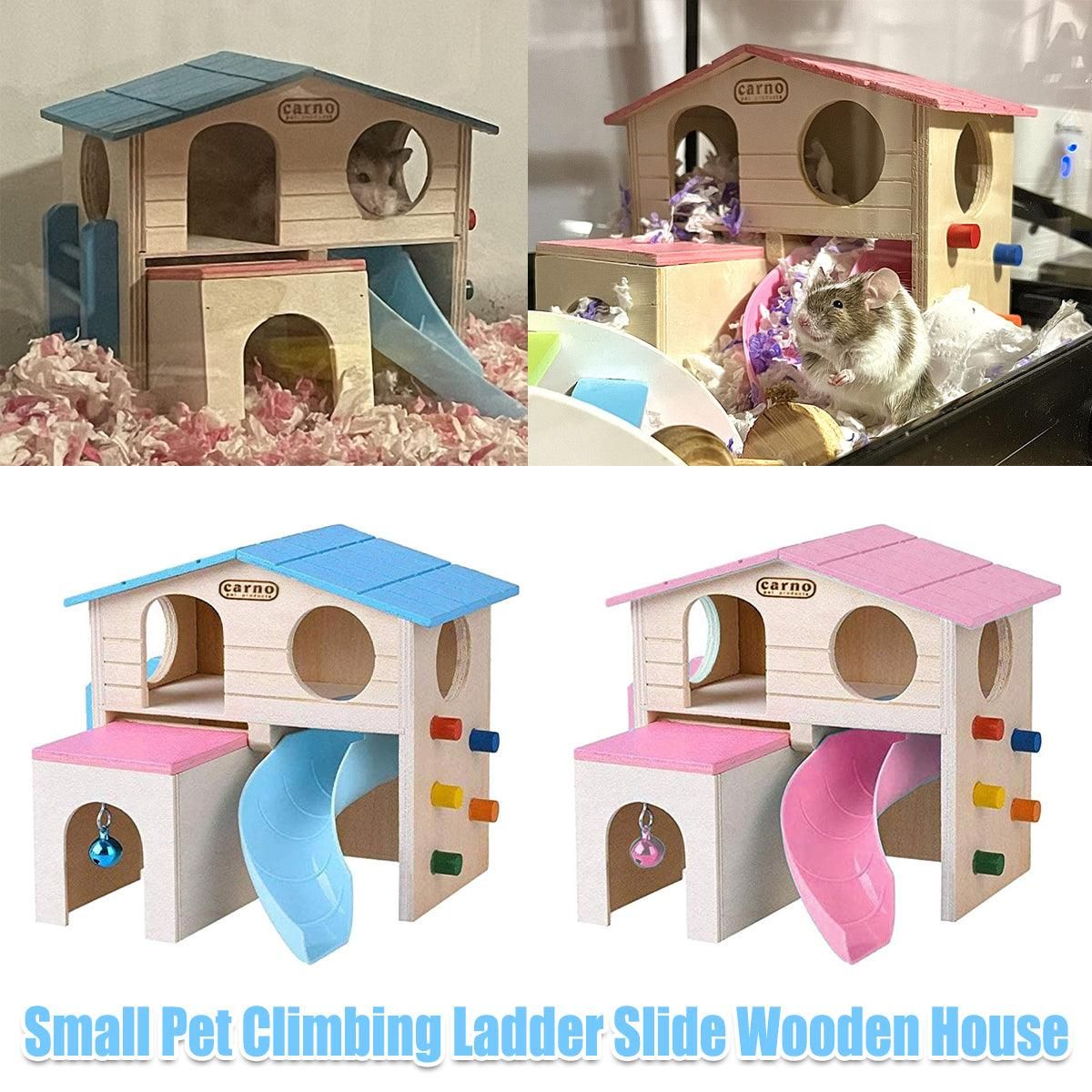 Premium Wooden Hamster Villa with Slide & Climbing Ladder - Pink