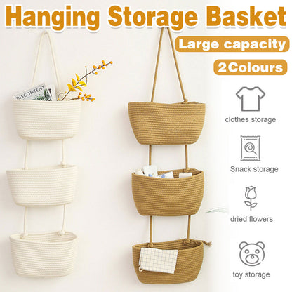 Brown 3-Tier Wall-Mounted Cotton Rope Storage Basket Organizer