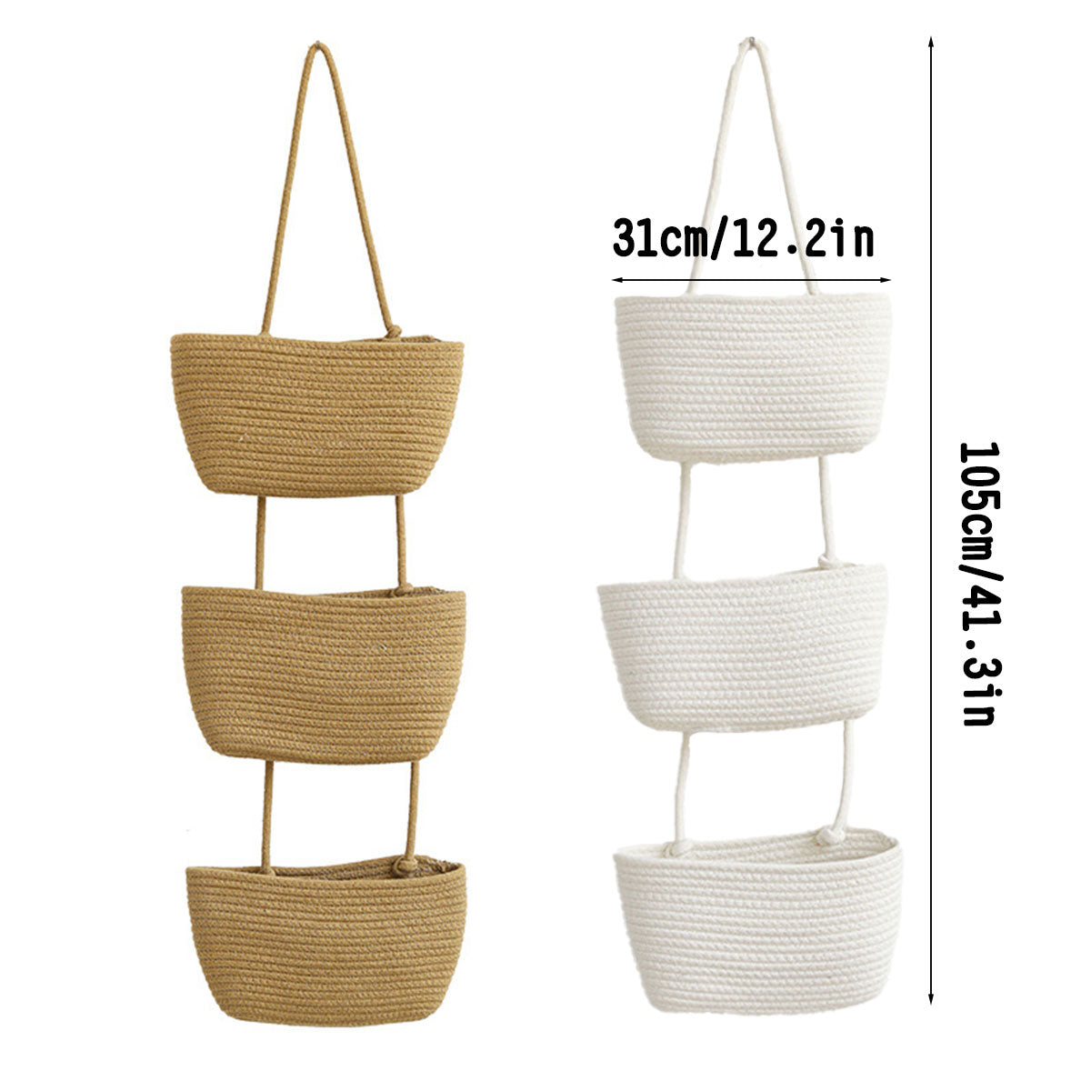 Brown 3-Tier Wall-Mounted Cotton Rope Storage Basket Organizer