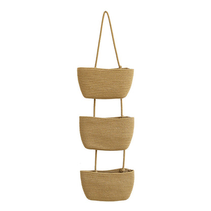 Brown 3-Tier Wall-Mounted Cotton Rope Storage Basket Organizer