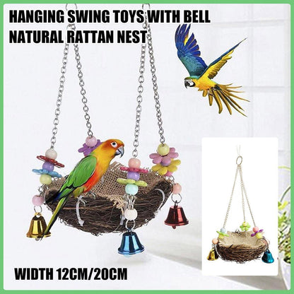 Bird Parrot Swing Stand Rattan Nest Hanging Basket Chew Toy for Small Medium Pet - L-20cm