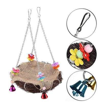 Bird Parrot Swing Stand Rattan Nest Hanging Basket Chew Toy for Small Medium Pet - L-20cm