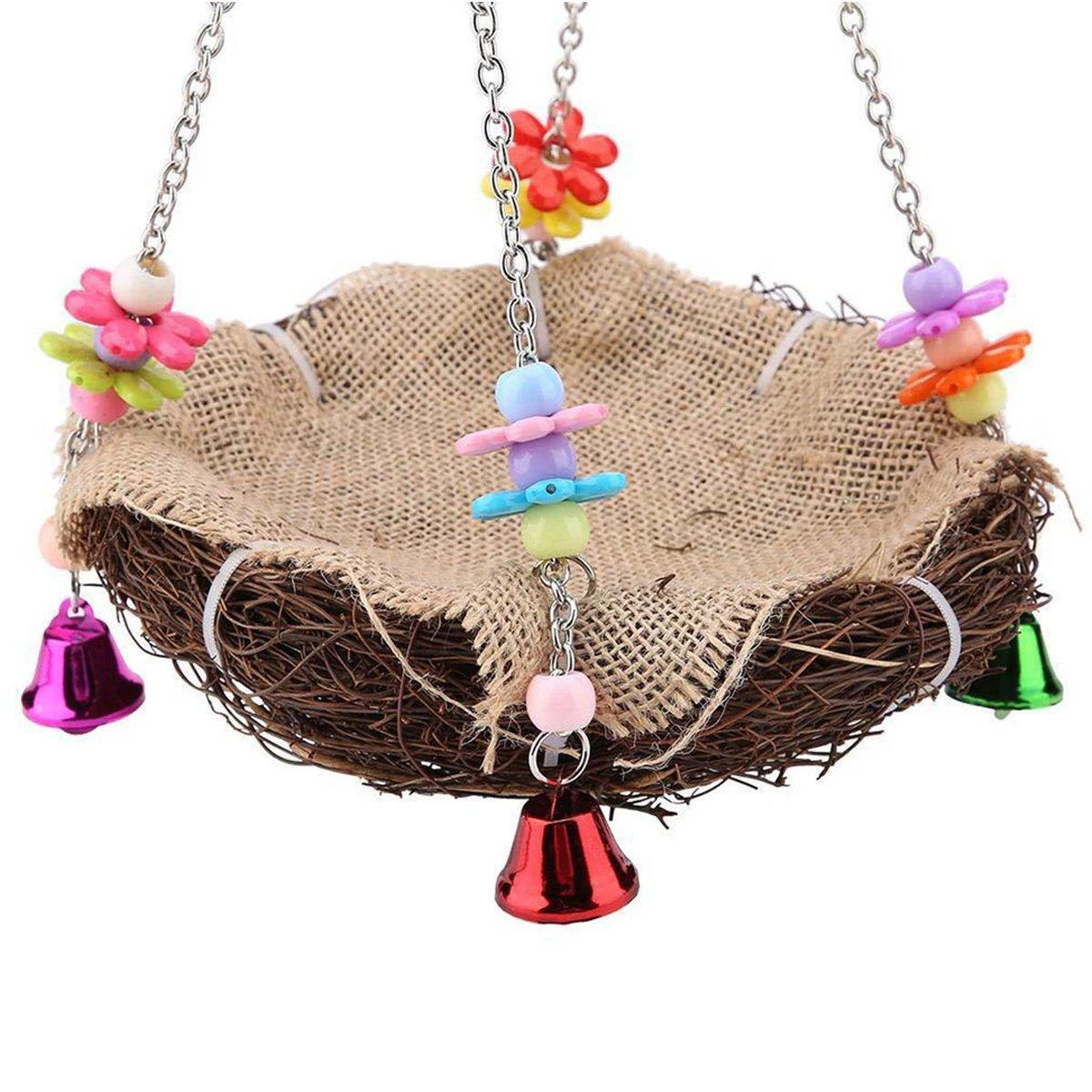 Bird Parrot Swing Stand Rattan Nest Hanging Basket Chew Toy for Small Medium Pet - L-20cm