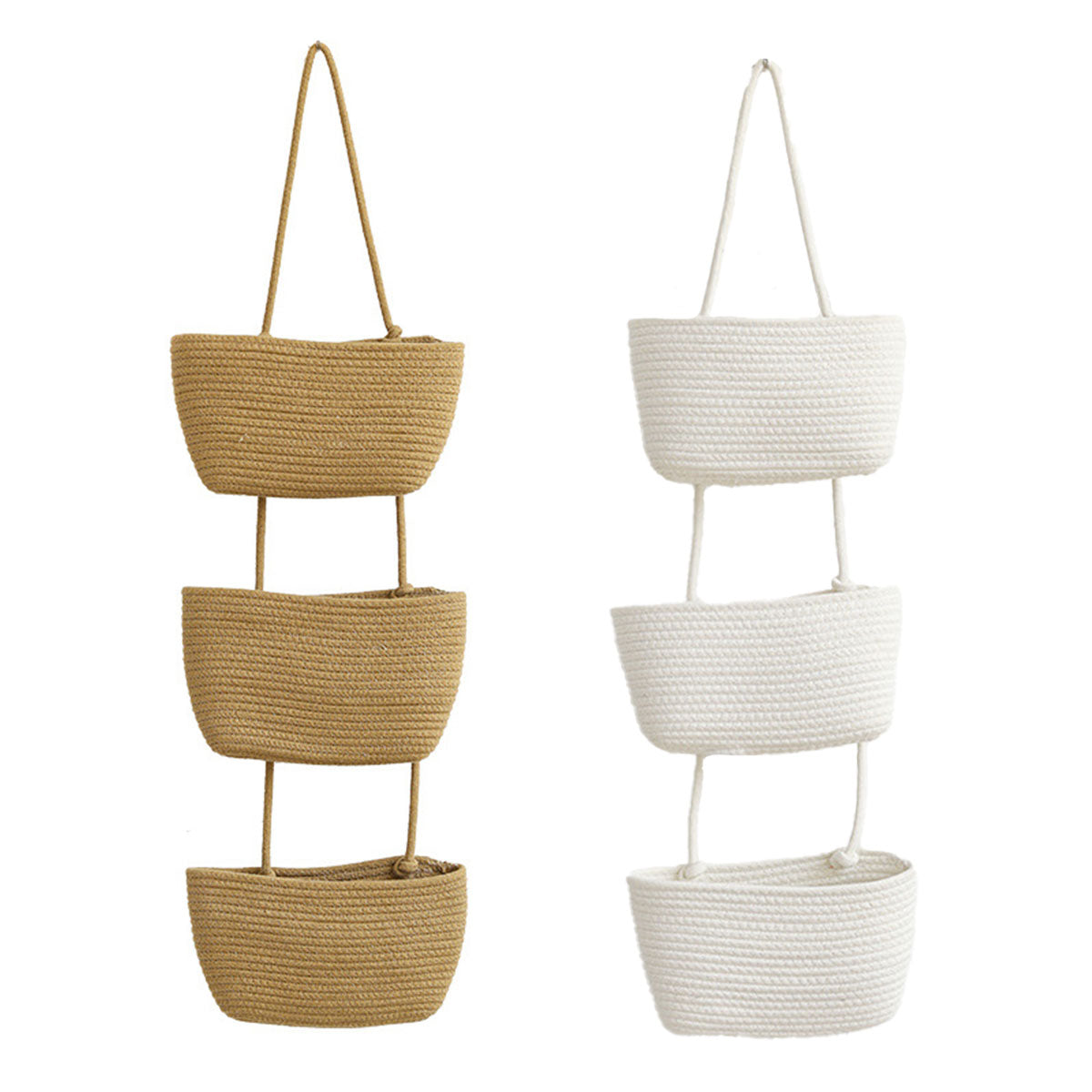 White 3-Tier Wall-Mounted Cotton Rope Storage Basket Organizer