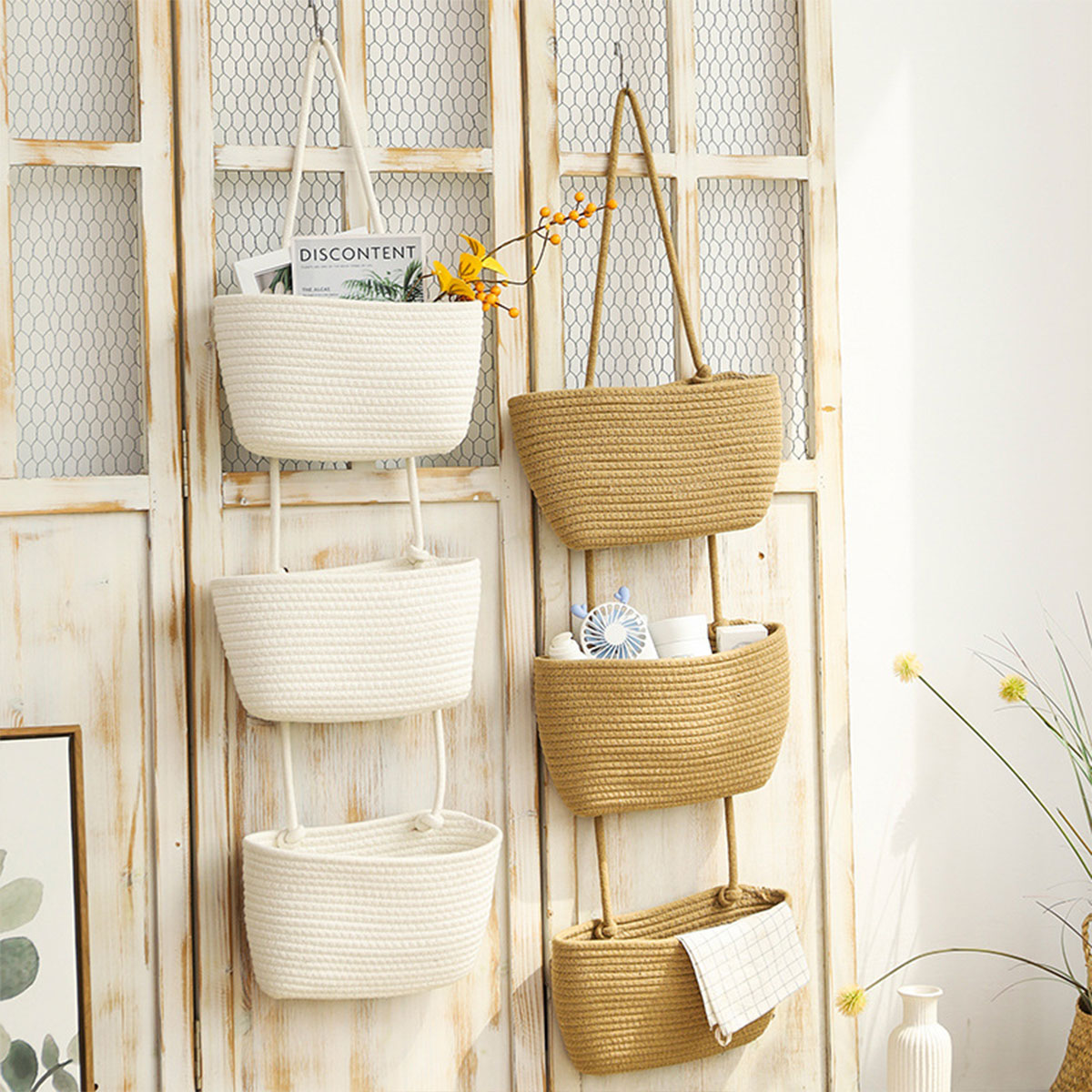 White 3-Tier Wall-Mounted Cotton Rope Storage Basket Organizer