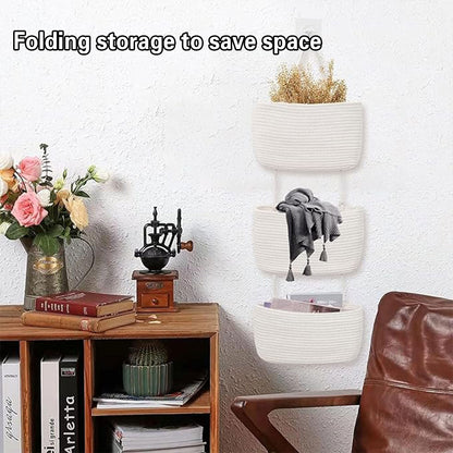 White 3-Tier Wall-Mounted Cotton Rope Storage Basket Organizer