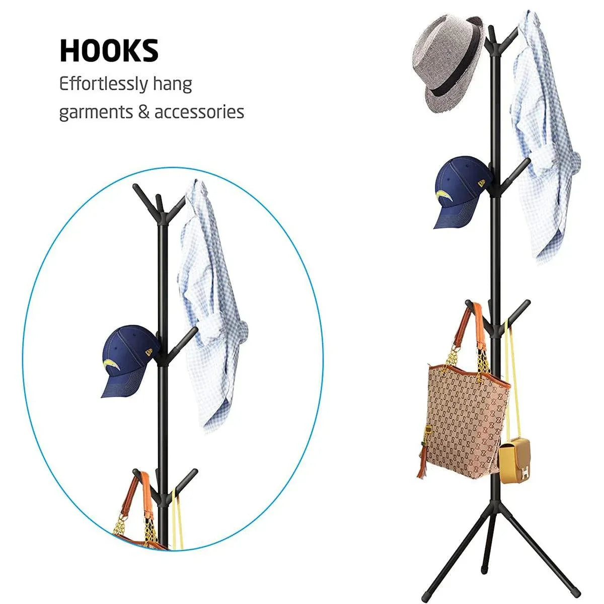 Premium 6-Hook Iron Coat Stand – Black 170cm with Triangular Base
