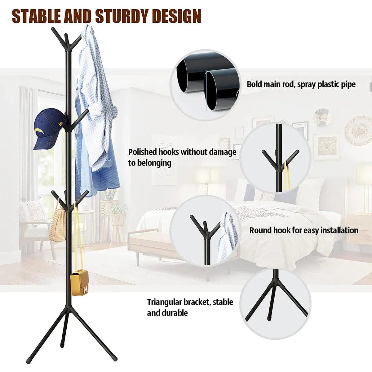 Premium 6-Hook Iron Coat Stand – Black 170cm with Triangular Base
