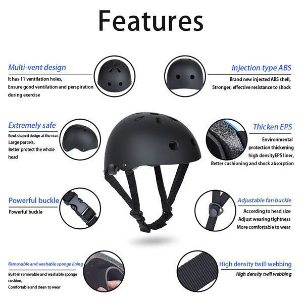 Black Adjustable Bike and Skate Helmet - Lightweight Design - Size M