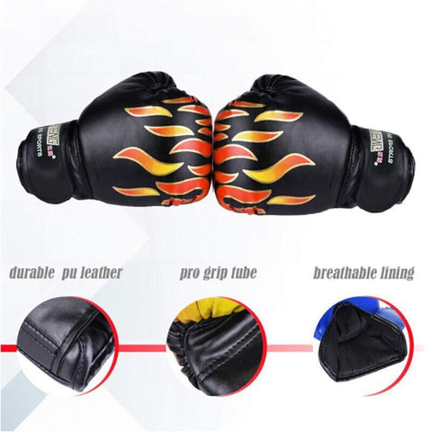 Premium Kids Boxing Sparring Gloves with Ventilated Palm & PU Leather - Black Flame Pattern