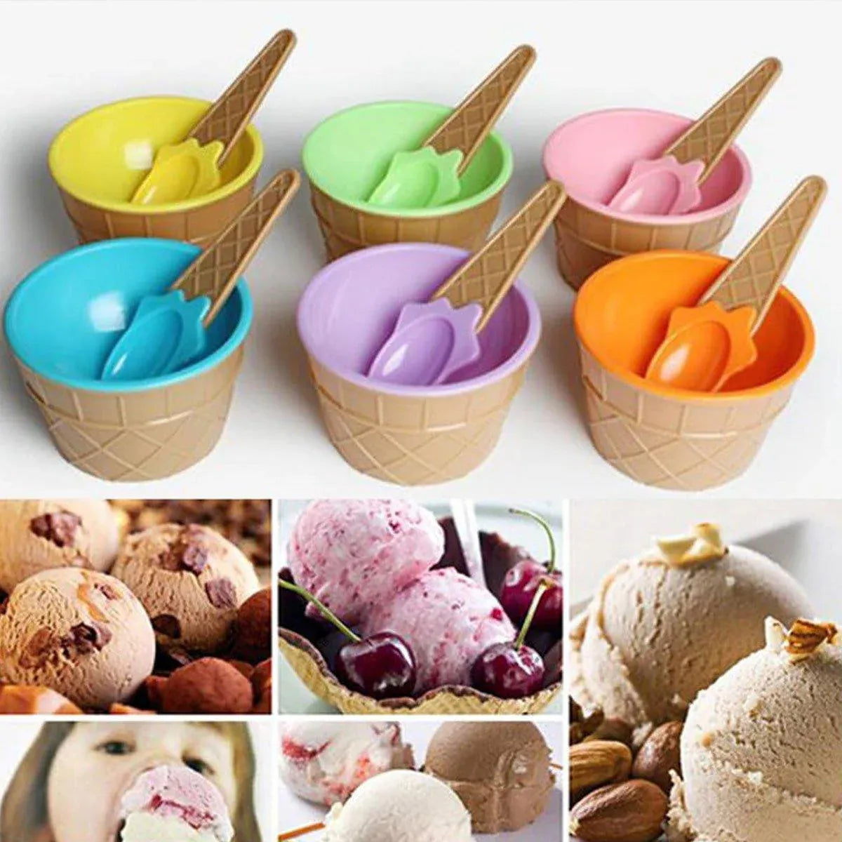 Premium Colourful Ice Cream Bowls with Spoons – 7 Piece Set
