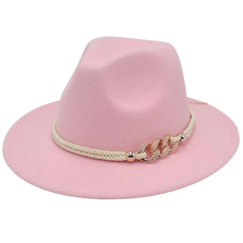 Premium Pink Retro Wide Brim Jazz Hat with Chain Detail