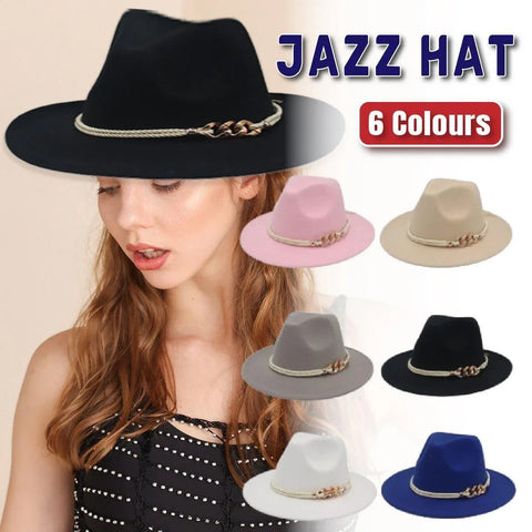 Premium Pink Retro Wide Brim Jazz Hat with Chain Detail