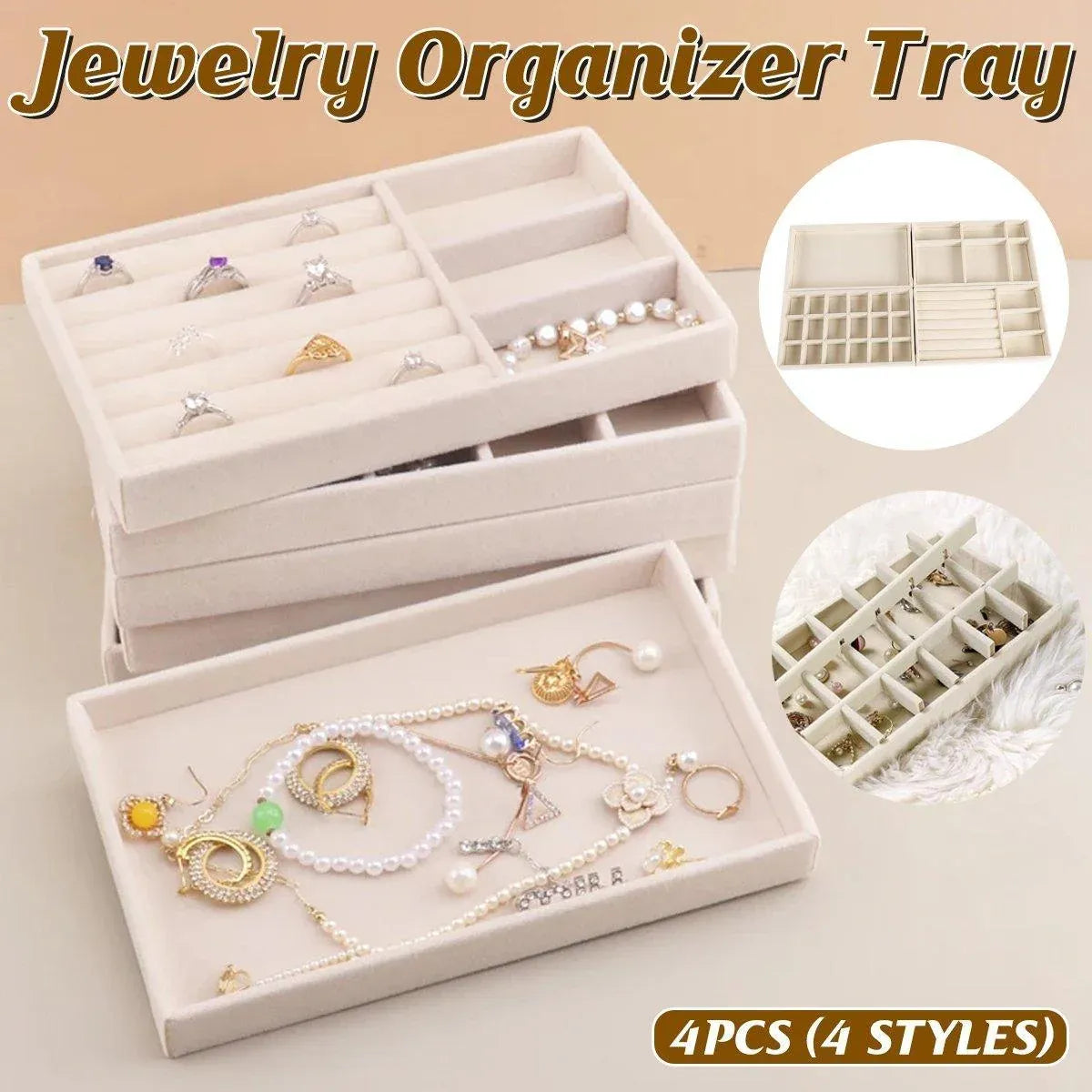 Premium Flannel Jewellery Storage Trays – Beige 4 Pack