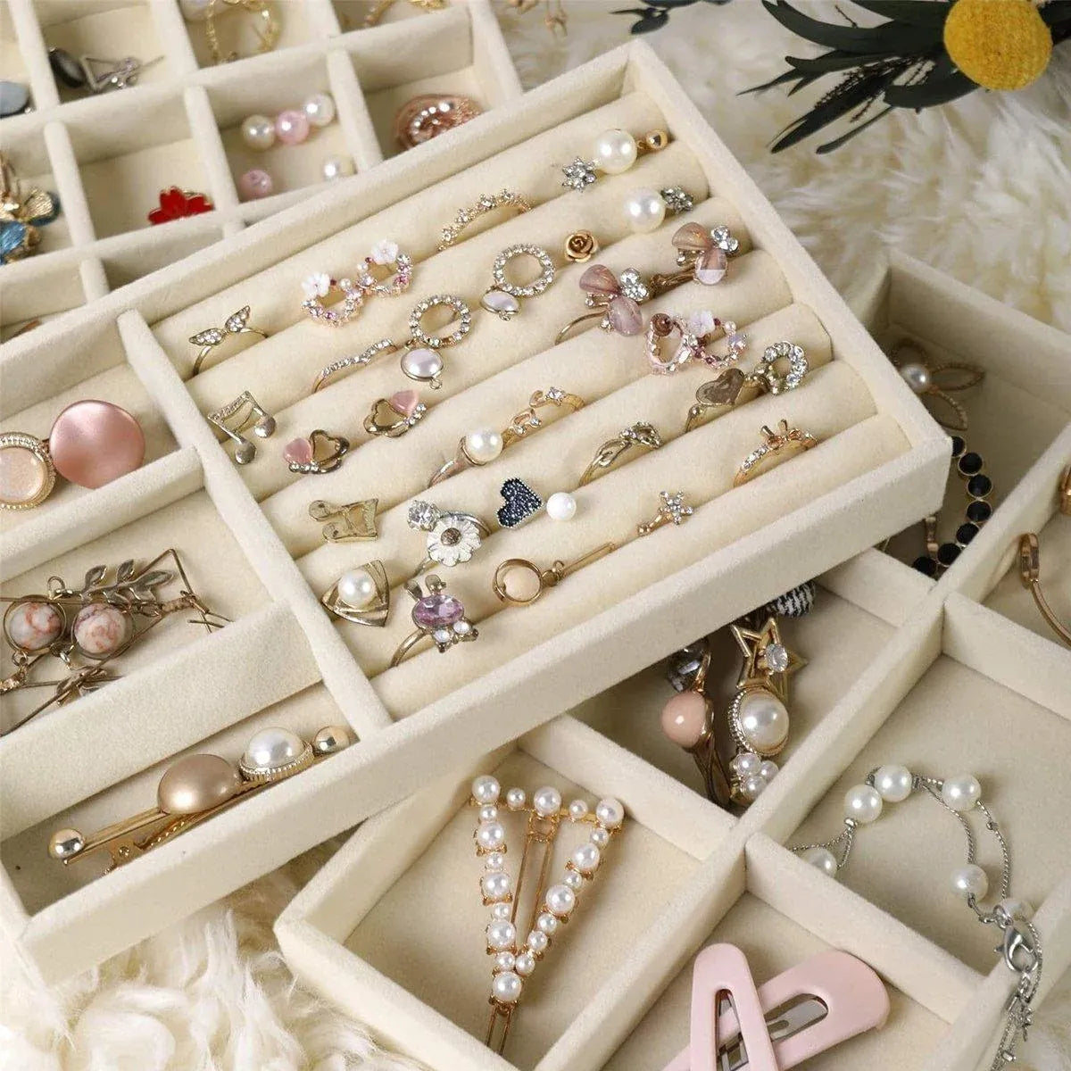 Premium Flannel Jewellery Storage Trays – Beige 4 Pack