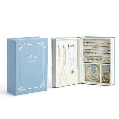 Creative PU Leather Jewelry Box Book Earrings Rings Necklace Organizer Holder - White