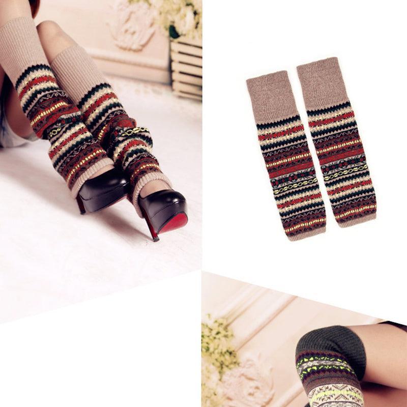 Premium Khaki Women's Wool Knit Knee Leg Warmers