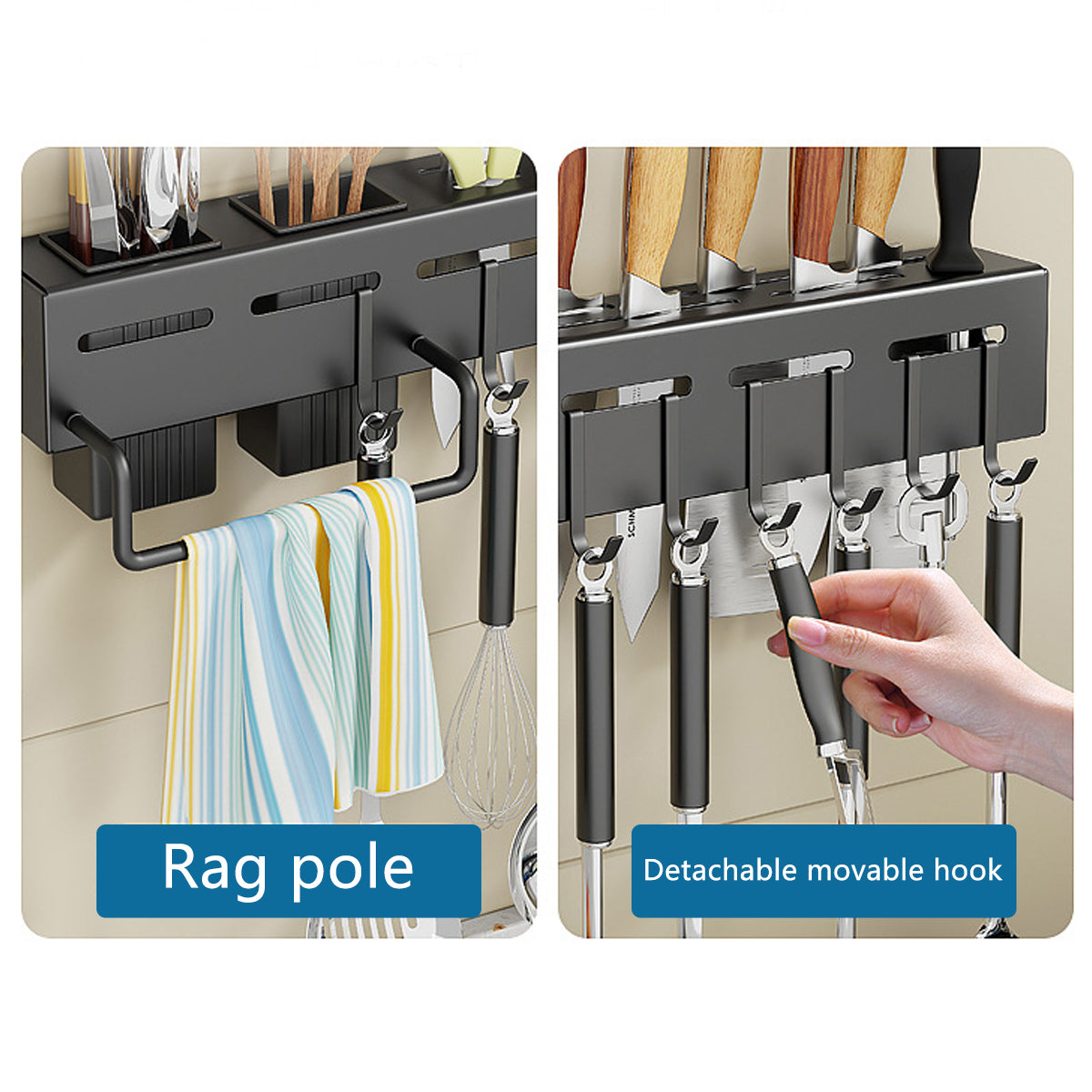 Premium Black 40cm Wall Mounted Carbon Steel Kitchen Utensil Rack