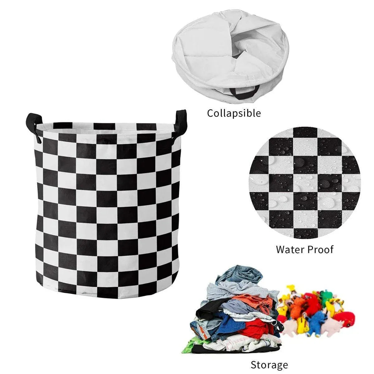 Premium Foldable Laundry Basket – Black & White Chess Waterproof Fabric