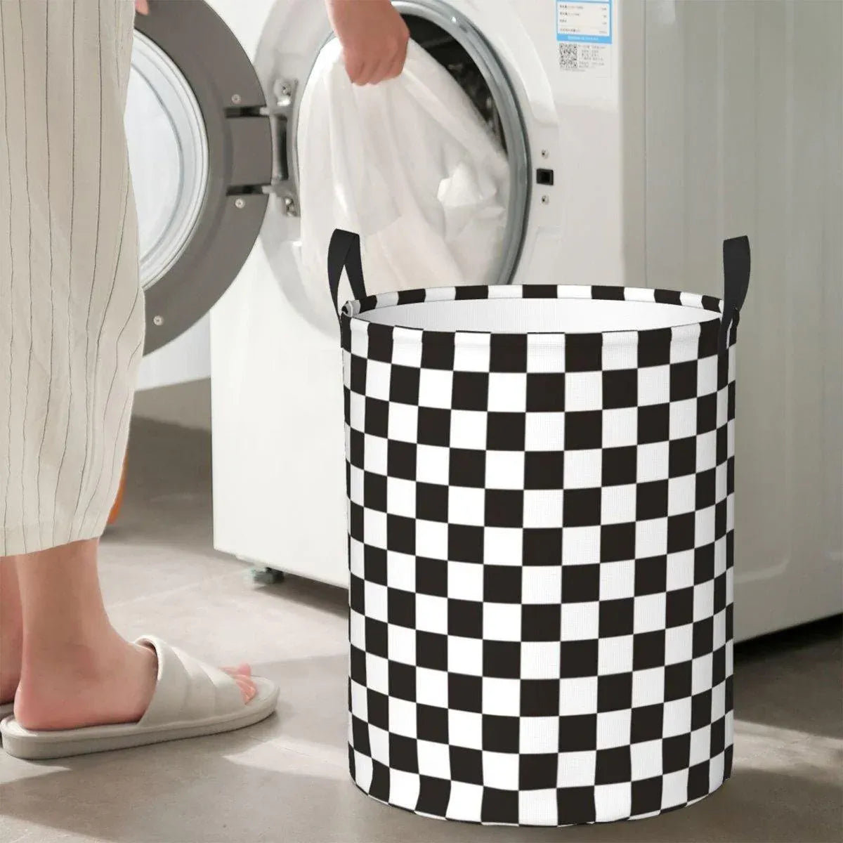 Premium Foldable Laundry Basket – Black & White Chess Waterproof Fabric