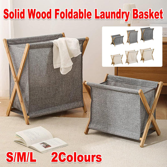 Wooden Foldable Laundry Basket - Beige - Large Capacity, Breathable Fabric