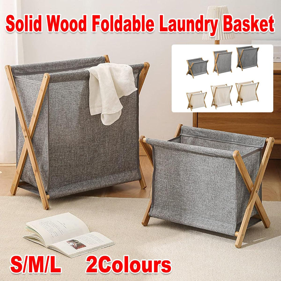 Wooden Foldable Laundry Basket - Beige - Large Capacity, Breathable Fabric - SuperSaverAU - view 1