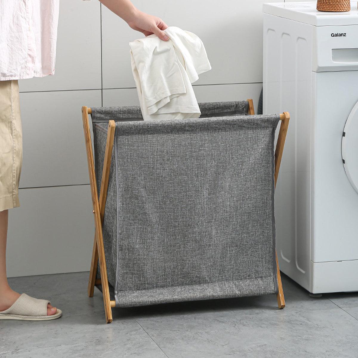 Wooden Foldable Laundry Basket - Beige - Large Capacity, Breathable Fabric
