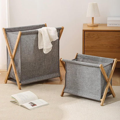 Wooden Foldable Laundry Basket - Beige - Large Capacity, Breathable Fabric