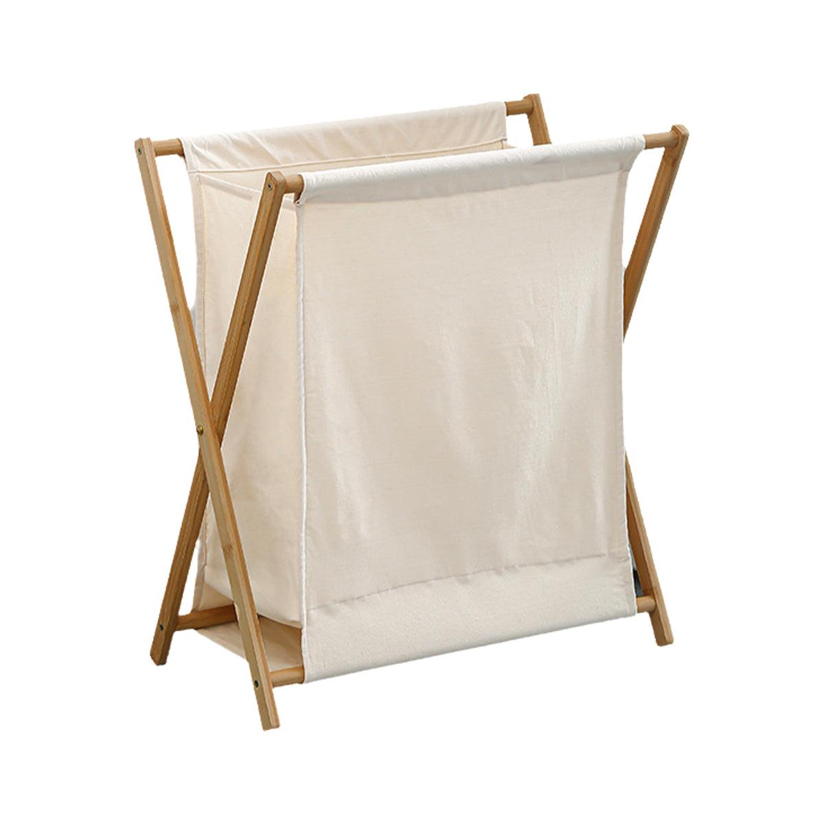 Wooden Foldable Laundry Basket - Beige - Large Capacity, Breathable Fabric