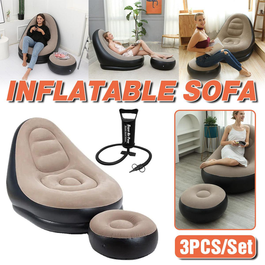 Premium 3 Piece Grey Inflatable Recliner Sofa Chair with Ottoman and Pump