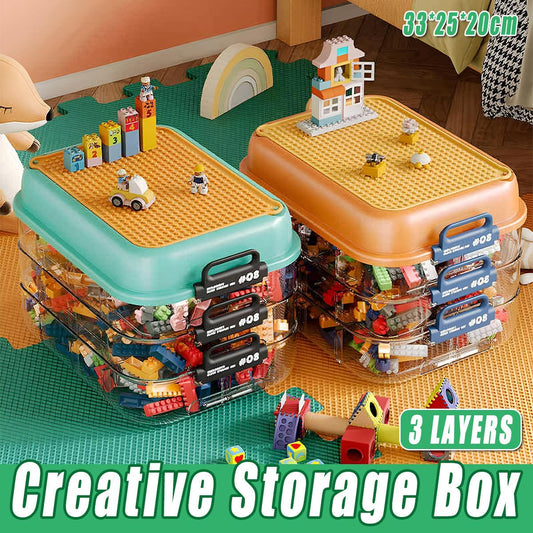 Orange 3-Layer Stackable Storage Box for Building Blocks with Sorting Trays
