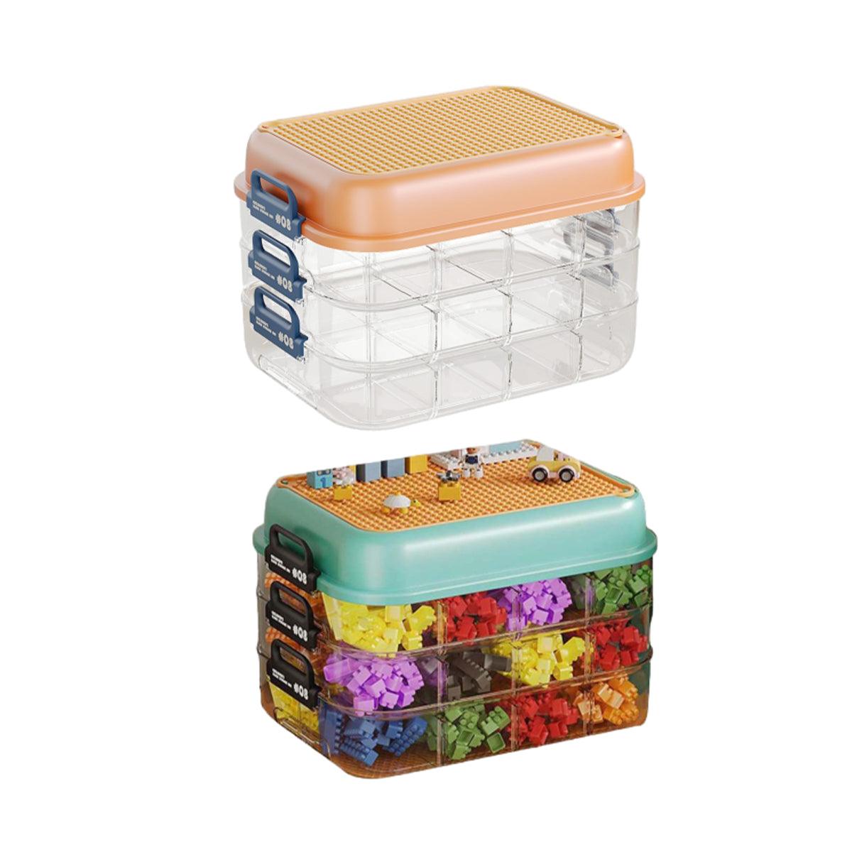 Orange 3-Layer Stackable Storage Box for Building Blocks with Sorting Trays