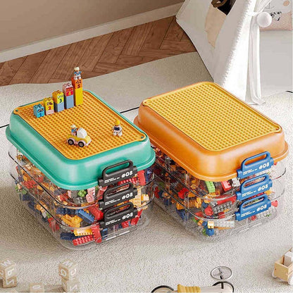 Orange 3-Layer Stackable Storage Box for Building Blocks with Sorting Trays