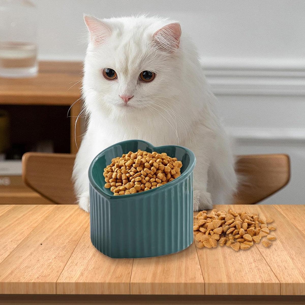 Love Shape Slanted Cat Bowl Ceramic Pet Bowl for Cats Food Water Feeding Dish - Black