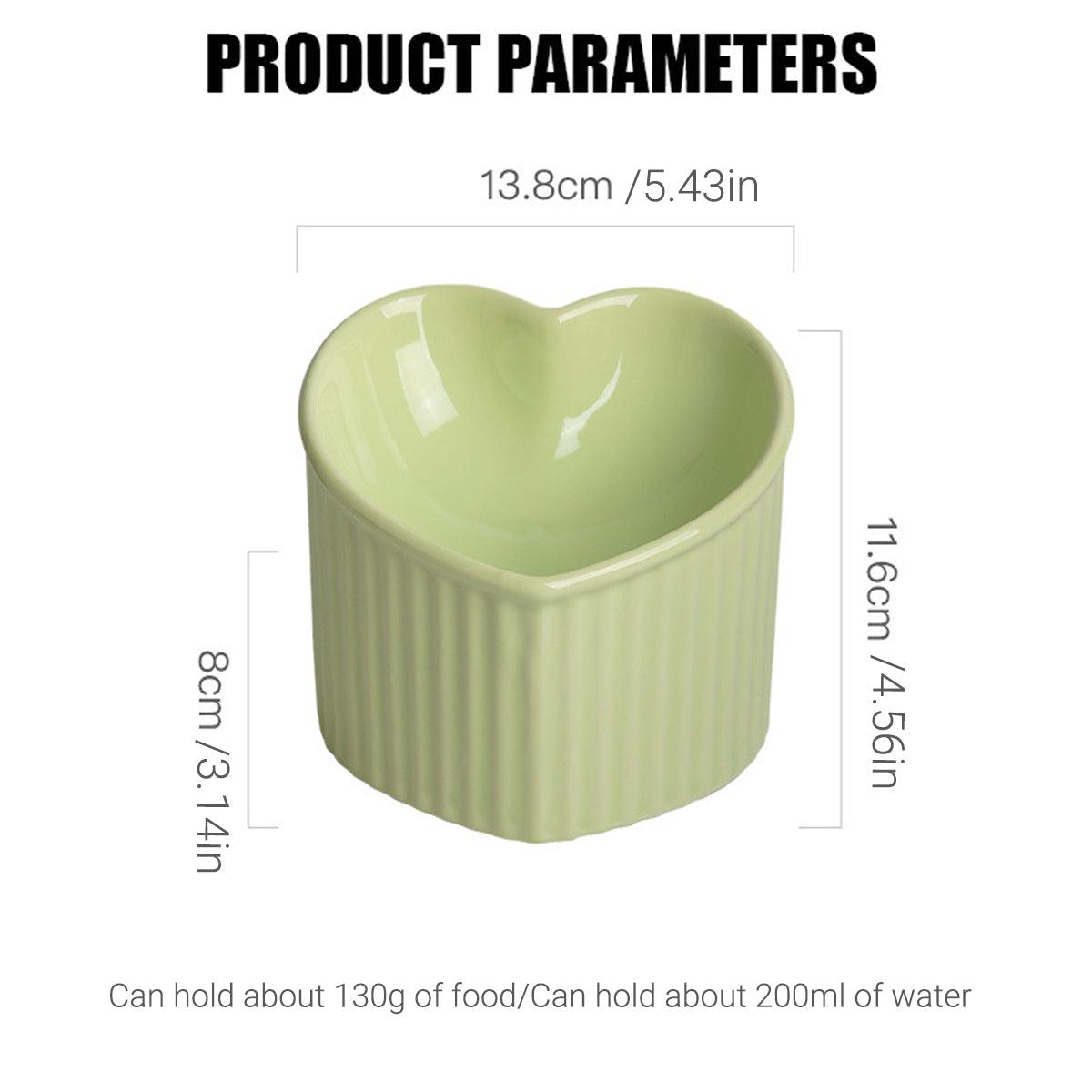 Premium Green Heart-Shaped Ceramic Slanted Cat Bowl - 200ml