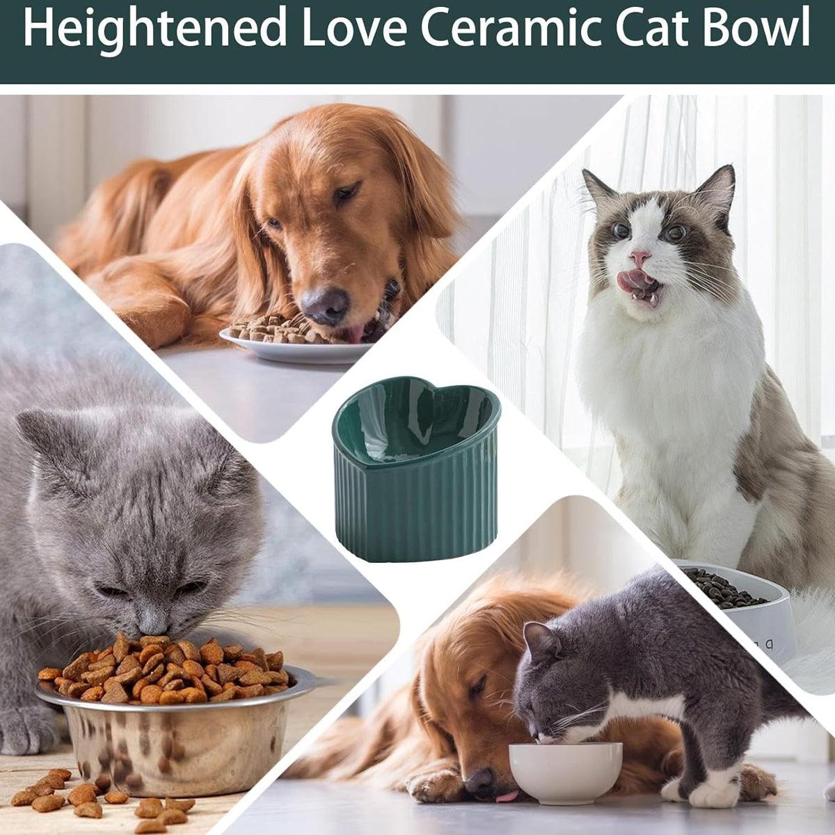 Premium Green Heart-Shaped Ceramic Slanted Cat Bowl - 200ml