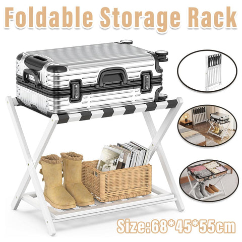 Foldable Bamboo Luggage Rack 68cm x 45cm x 55cm with Storage Shelf, White - SuperSaverAU - view 1