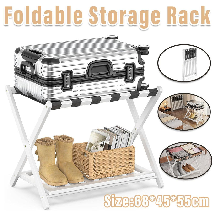 Foldable Bamboo Luggage Rack 68cm x 45cm x 55cm with Storage Shelf, White - SuperSaverAU - view 1