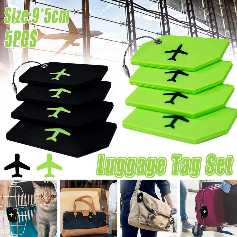 Premium Silicone Luggage Tags – Black & Green 5 Pack with Steel Cable Loops